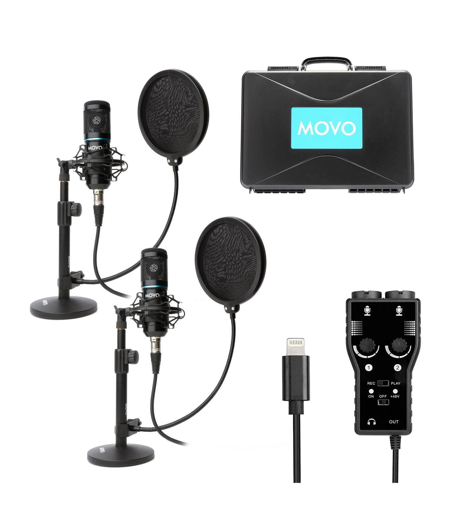 Movo MPB-DI Cardioid Condenser Podcast Recording Bundle Compatible with iPhone, iPad, iOS (Lightning)