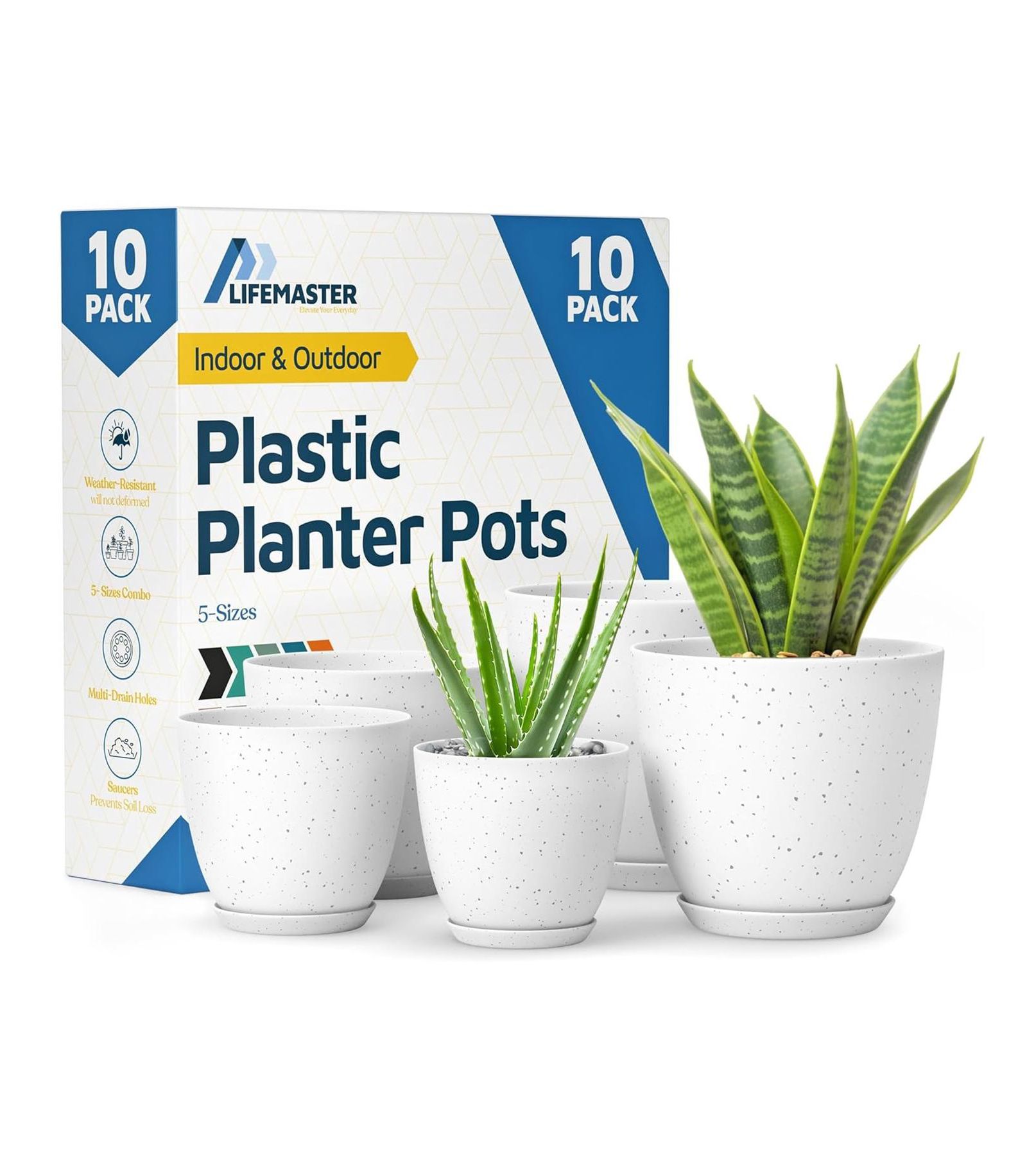 Lifemaster 10-pack white & gray plant pots with drainage holes & saucers, stackable, durable, weatherproof for indoor/outdoor use