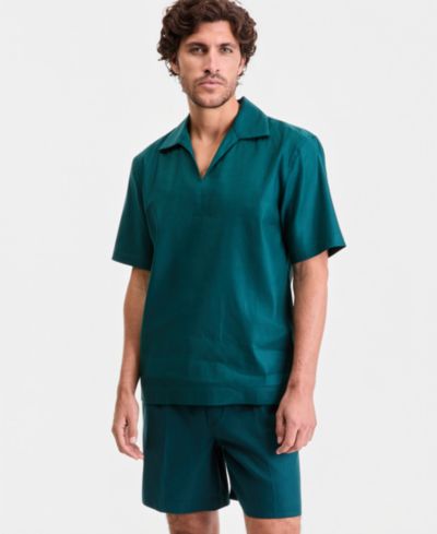 Мужская рубашка Alfani Short-Sleeve Linen-Blend Johnny Collar