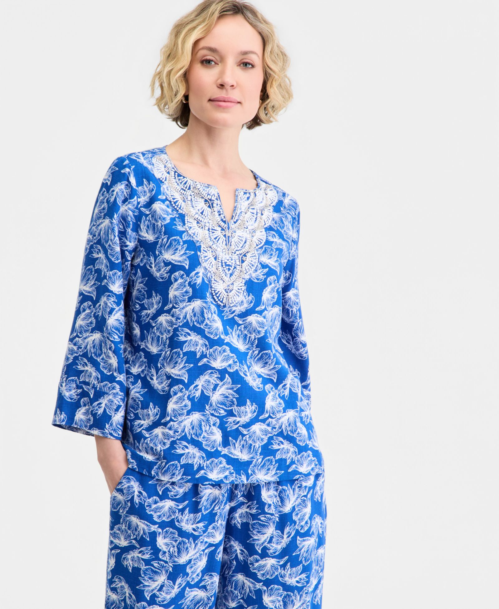 JM Collection Women's Split-Neck Beaded Linen-Blend 3/4-Sleeve Top, Macy's Exclusive
