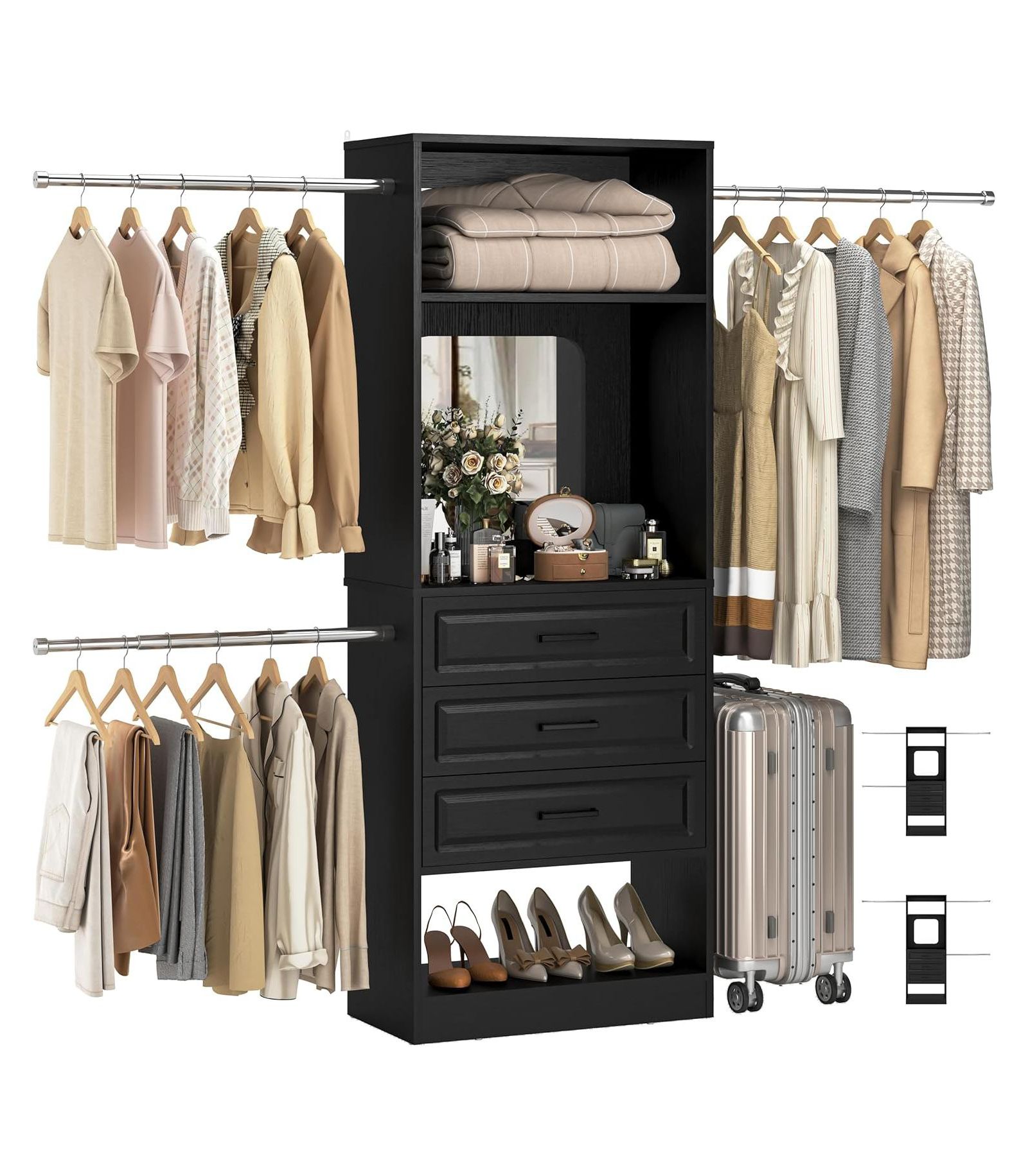 Aheaplus 48-96 Inch Adjustable Closet Organizer with Drawers and Mirror