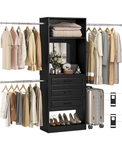 Aheaplus 48-96 Inch Adjustable Closet Organizer with Drawers and Mirror