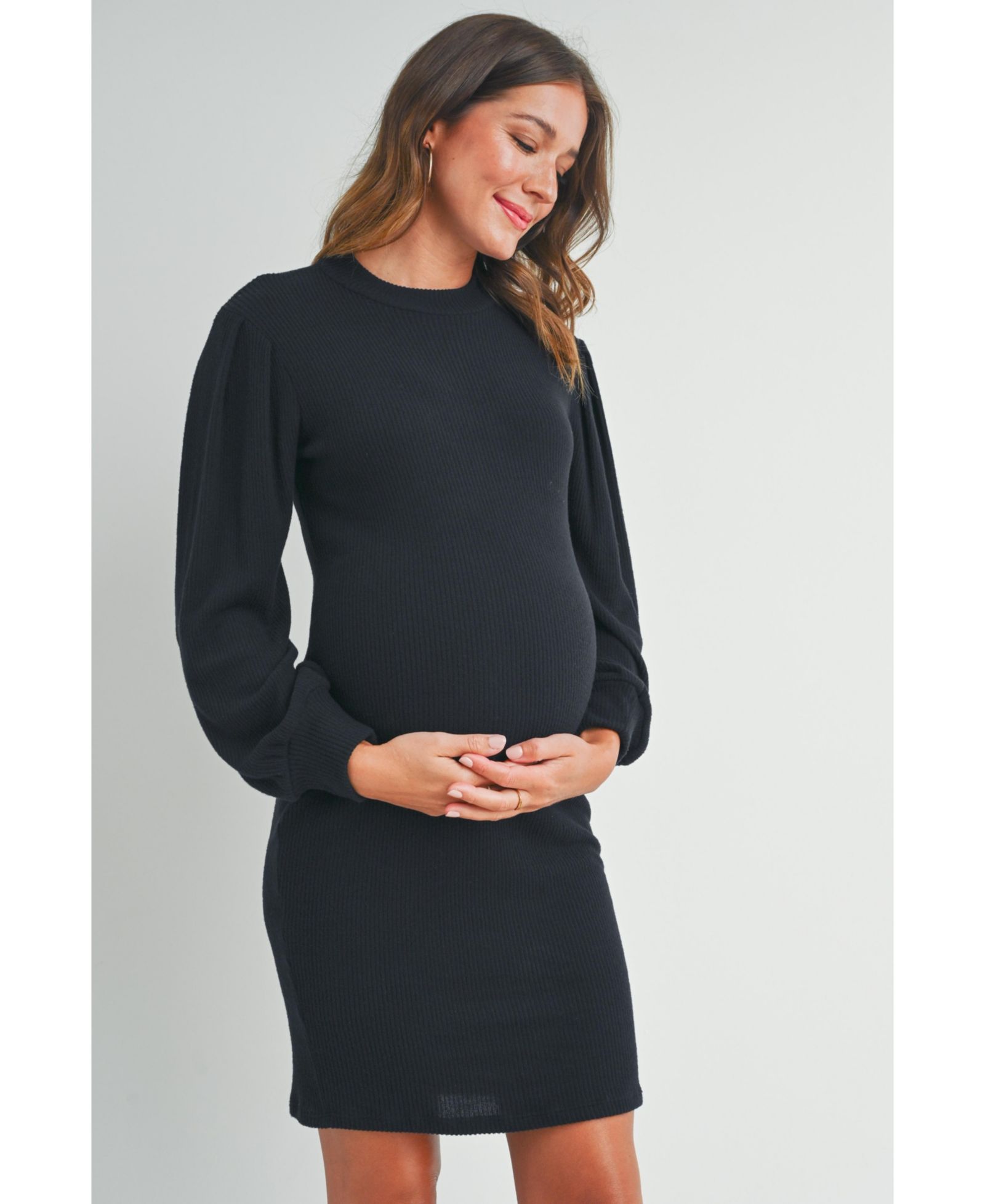 Hello Miz Women's Ribbed Mock Neck Puff Long Sleeve Dress