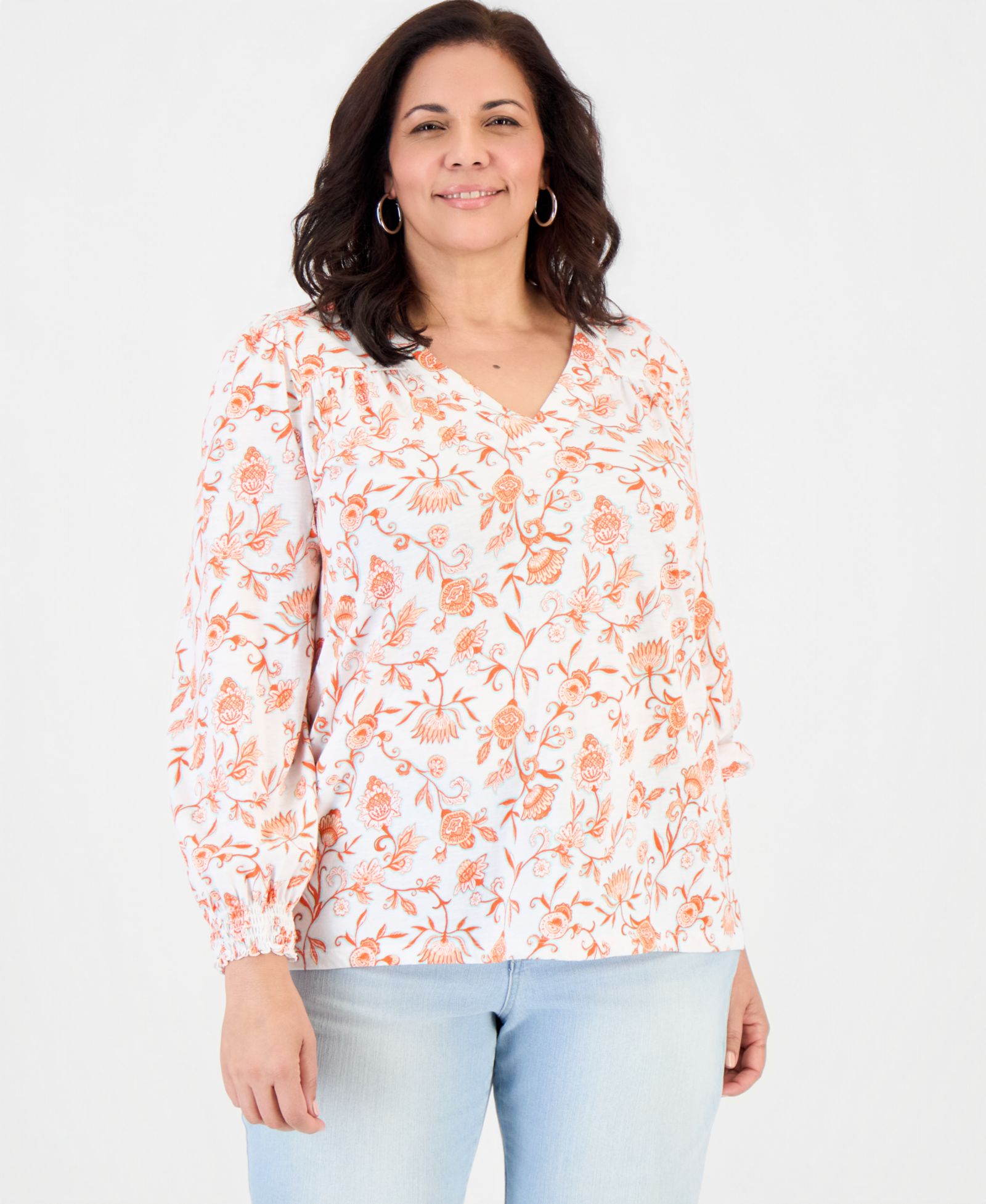 Женский топ Style & Co Plus Size Printed Smocked-Cuff Long-Sleeve V-Neck