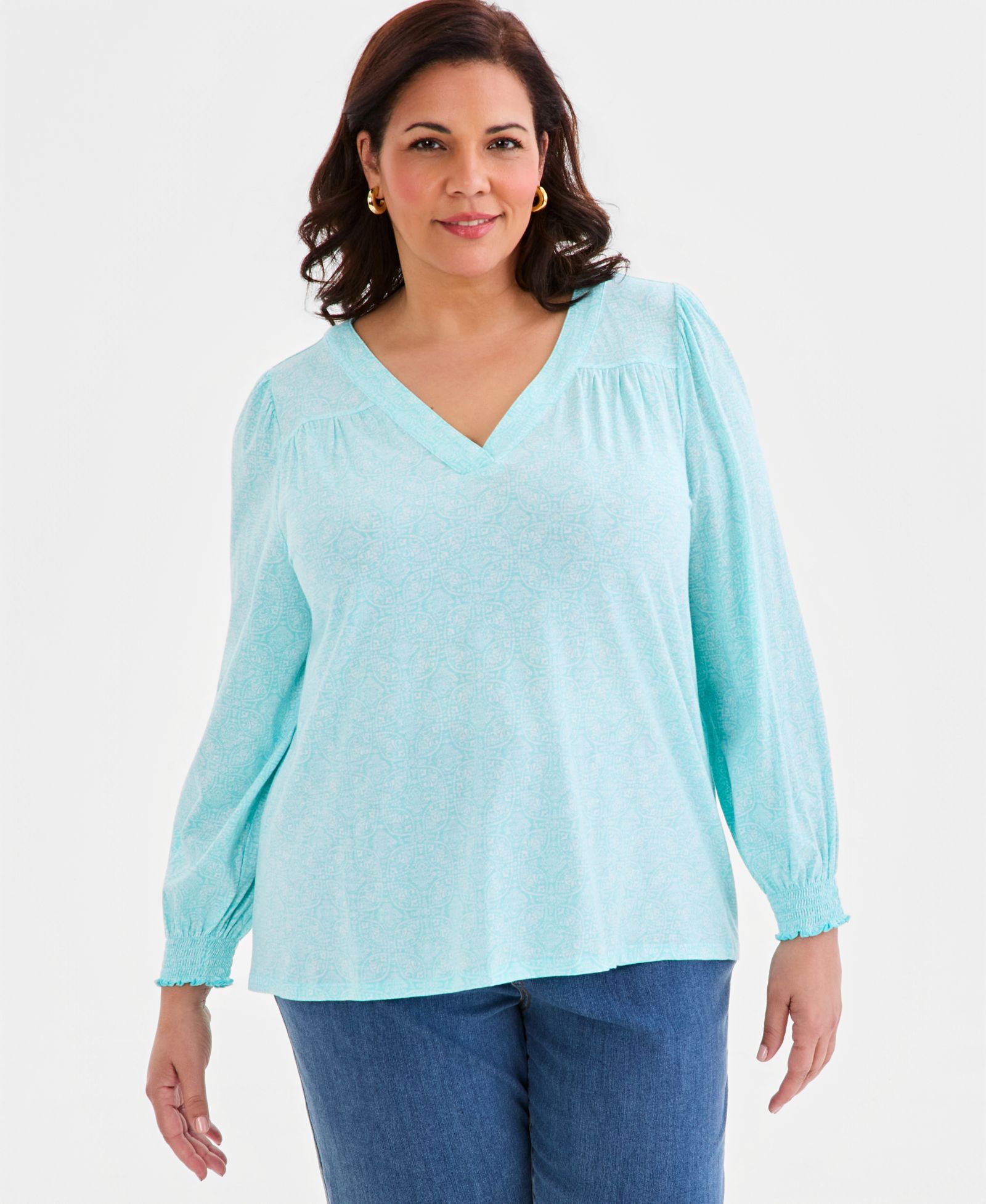 Style & Co Plus Size Printed Smocked-Cuff Long-Sleeve V-Neck Top, Macy's Exclusive