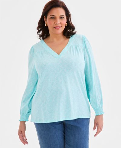 Style & Co Plus Size топ с длинным рукавом и V-образным вырезом с принтом