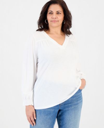 Style & Co Plus Size Длинный топ с V-образным вырезом и сборчатыми манжетами