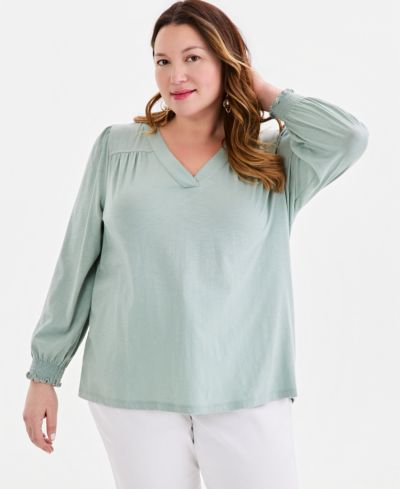 Style & Co Plus Size Smocked-Cuff Long-Sleeve V-Neck Top, Macy's Exclusive