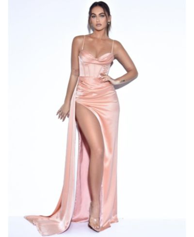 Miss Circle Women's Elayna Blush Strappy Satin Corset High Slit Gown