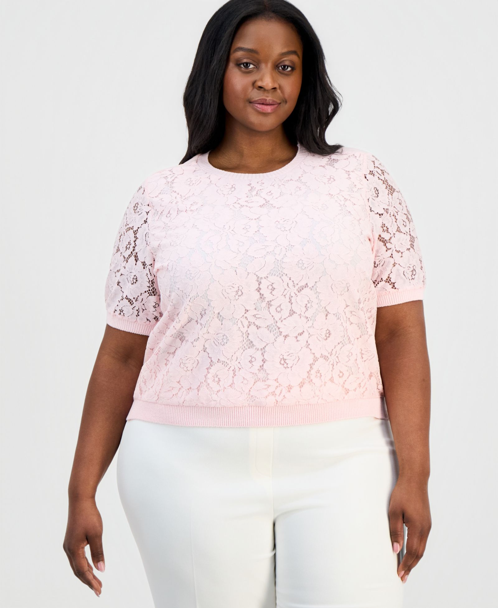 Tahari ASL Plus Size Lace-Front Short-Sleeve Sweater