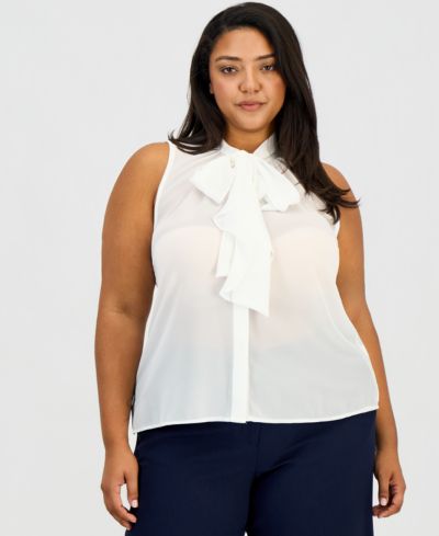 Блузка Tahari ASL Plus Size без рукавов с рюшем и бантом