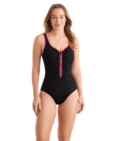 ShapeSolver Women's Sport Shirred Zipper One-Piece Swimsuit