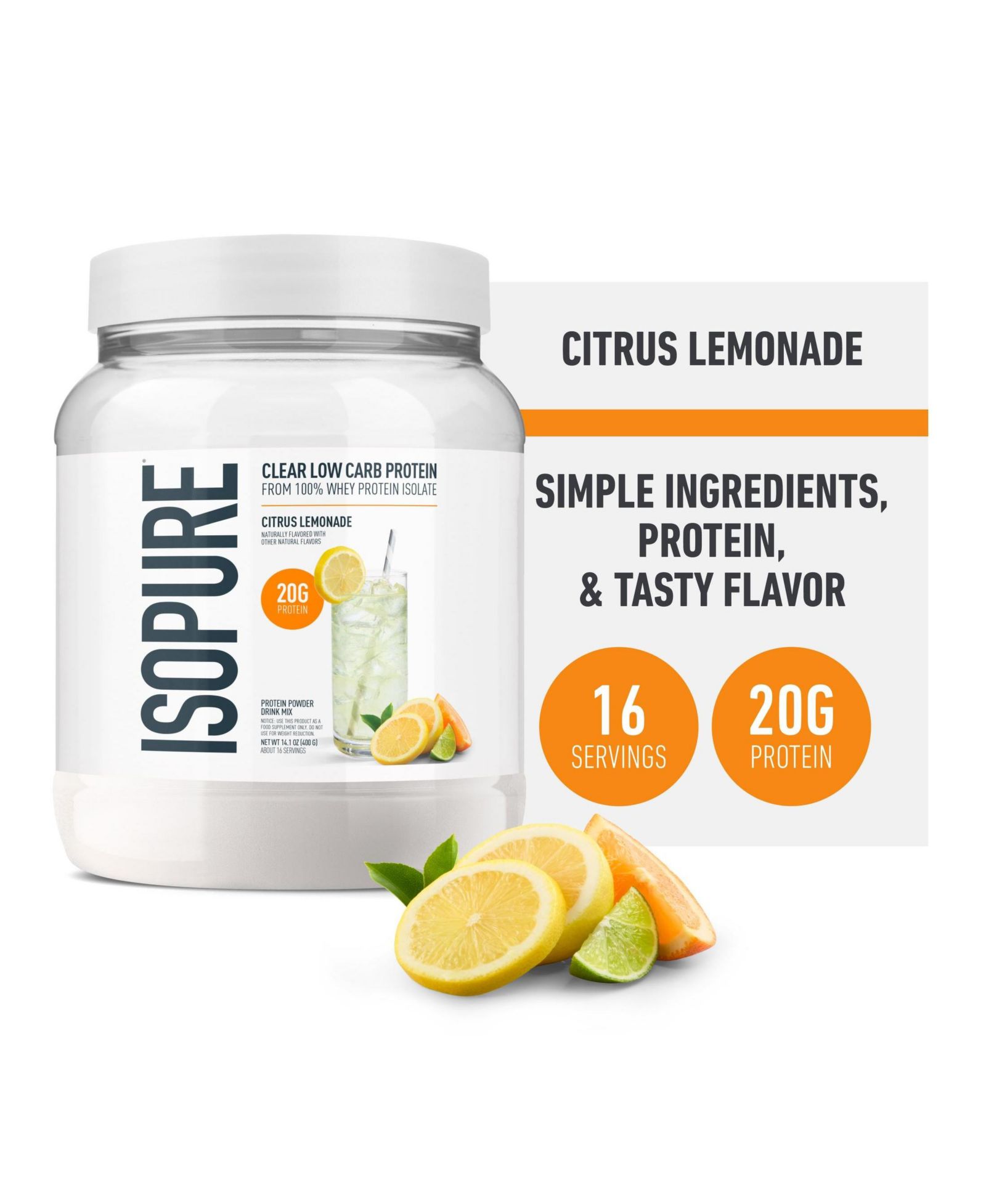 Изолят протеина Isopure Clear Low Carb 100% Whey, Citrus Lemonade, 20g Protein