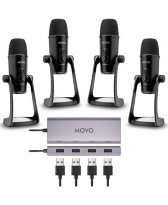 Movo 4-Person USB Podcast Equipment Bundle - 4 Condenser Mics, Hub and Case