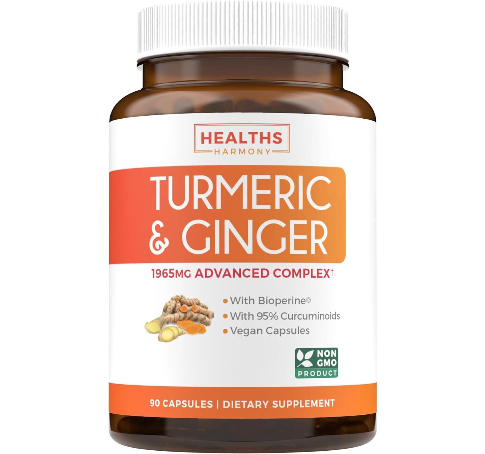 Healths Harmony Turmeric Curcumin & Ginger Capsules, Black Pepper Bioperine, Ginger Extract, & 95% Curcuminoids Powder for Joint Support
