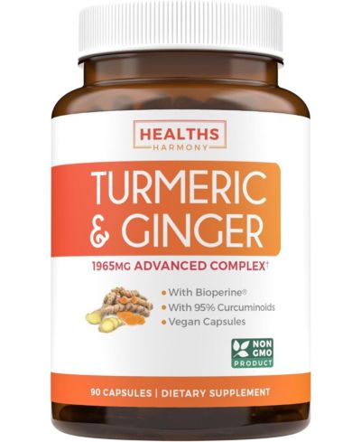 Healths Harmony Turmeric Curcumin & Ginger Capsules, Black Pepper Bioperine, Ginger Extract, & 95% Curcuminoids Powder for Joint Support