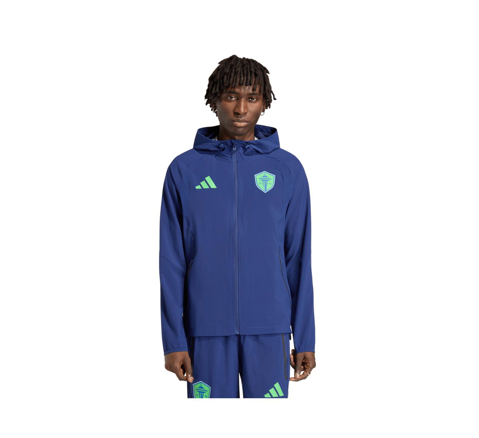 Мужская ветровка Adidas Navy Seattle Sounders FC Tiro Travel Full-Zip Hooded Windbreaker Jacket
