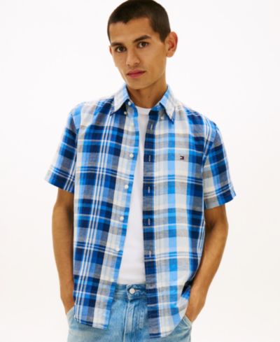 Мужская рубашка Tommy Hilfiger Check Plaid Linen-Blend Short-Sleeve