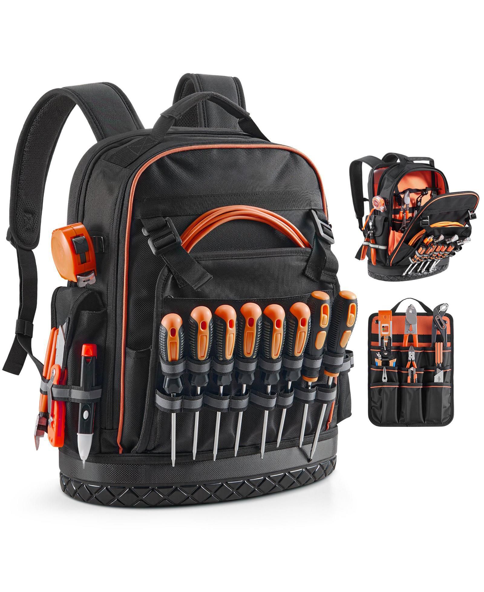 Mecale Tool Backpack, 64 Pockets, Heavy-Duty Jobsite Backpack w/ Laptop Compartment & Molded Base, Tradesmen Bag