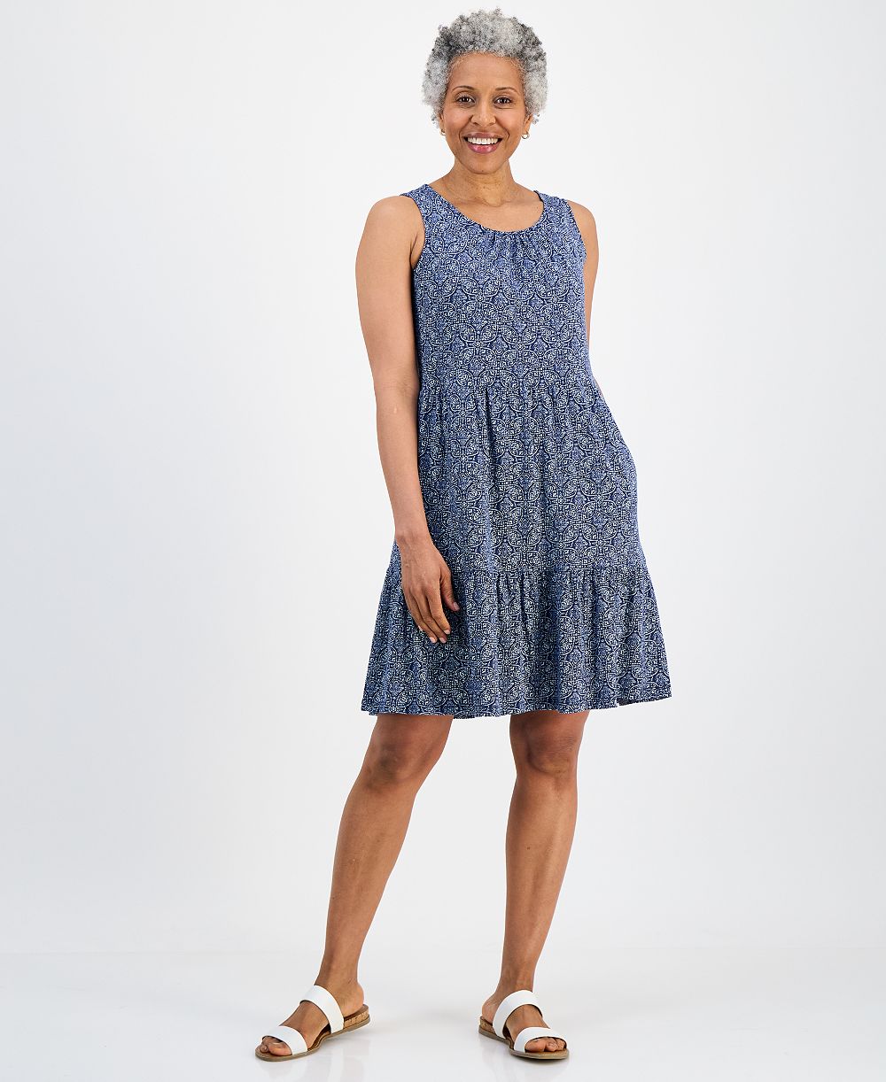 Женское платье-майка Style & Co Petite Printed Round-Neck Tiered Tank