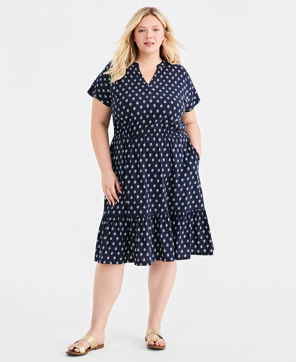 Style & Co Plus Size Printed Split-Neck Tiered Midi Dress, Macy's Exclusive