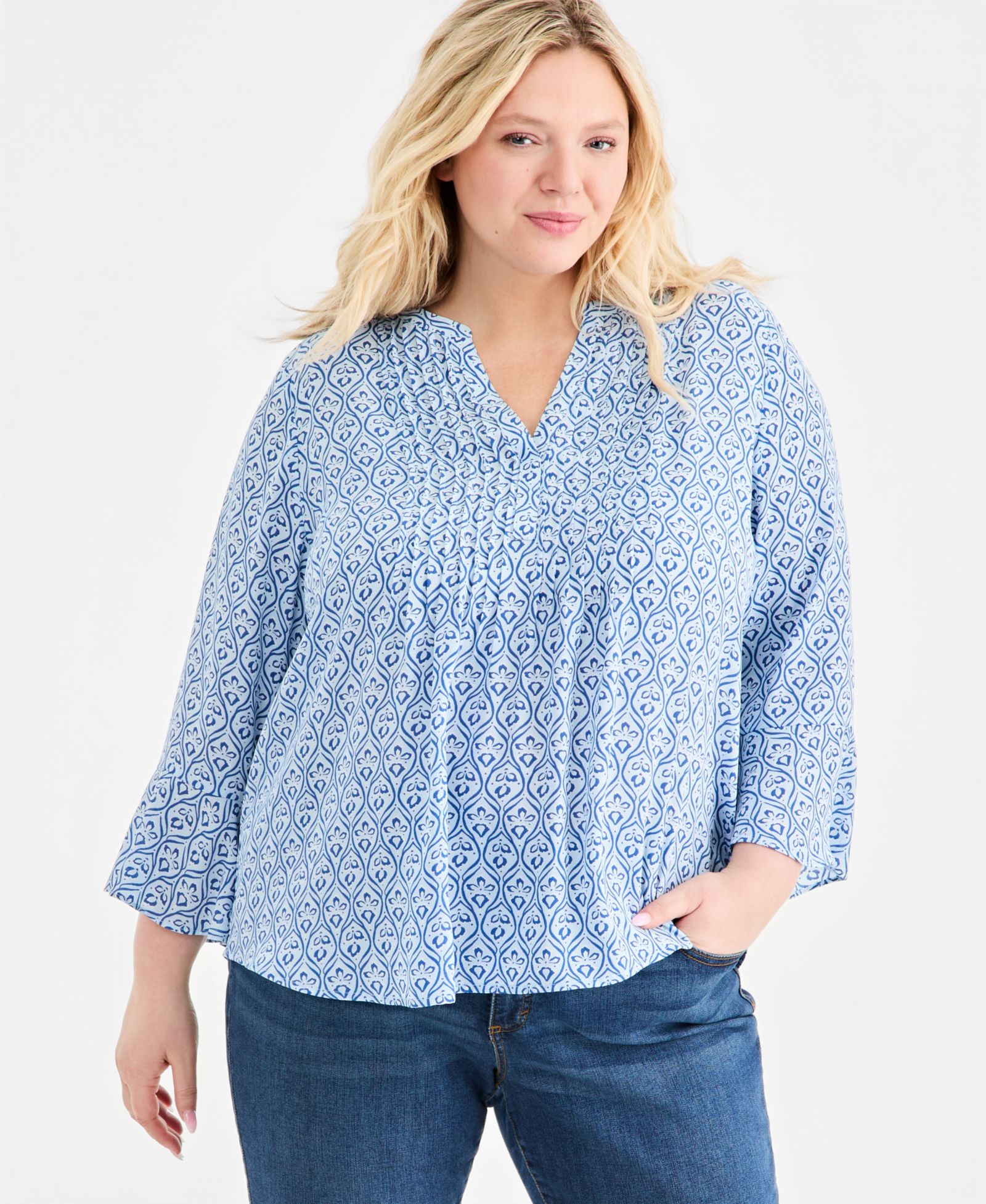 Женский топ Style & Co Plus Size Printed Pintuck Bell-Sleeve