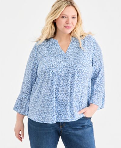 Женский топ Style & Co Plus Size Printed Pintuck Bell-Sleeve