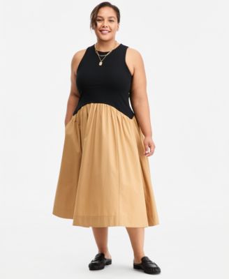 On 34th Plus Size  Curved-Waist Mixed-Media Midi Dress, Macy's Exclusive