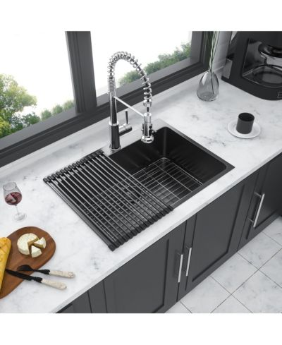 Flynama Gunmetal Black Single Bowl Topmount Kitchen Sink 16 Gauge T304 Nano Stainless Steel с решеткой для сушки