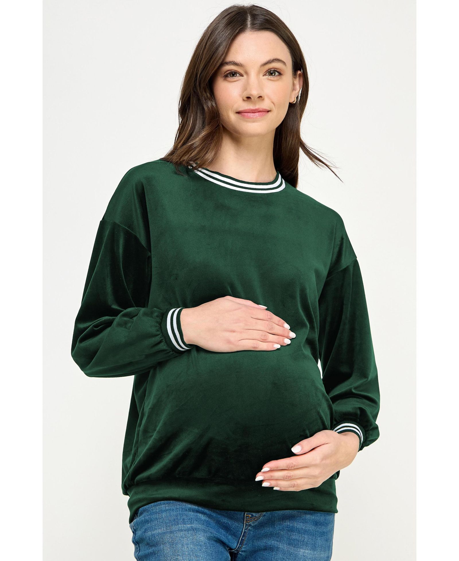 Hello Miz Women's Velvet Striped Neckline Long Sleeve Maternity Sweatshirt Top