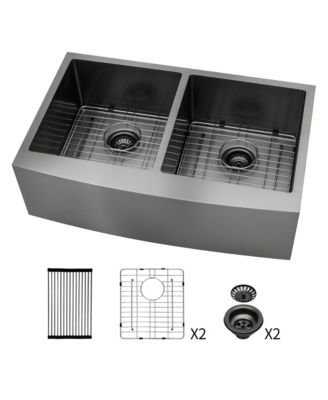 flynama 36x21x10inch Gunmetal Black Farmhouse Kitchen Sink Double Bowl Apron Front Stainless Steel