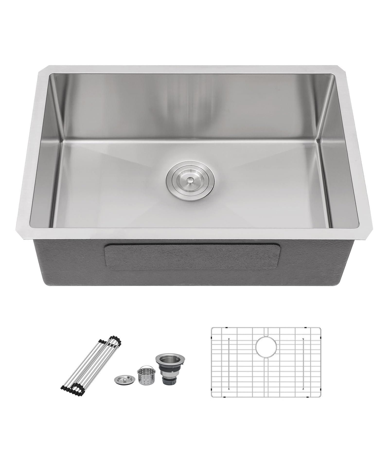 flynama 27x18x10inch Undermount Kitchen Sink Single Bowl Stainless Steel 16 Gauge Deep Basin