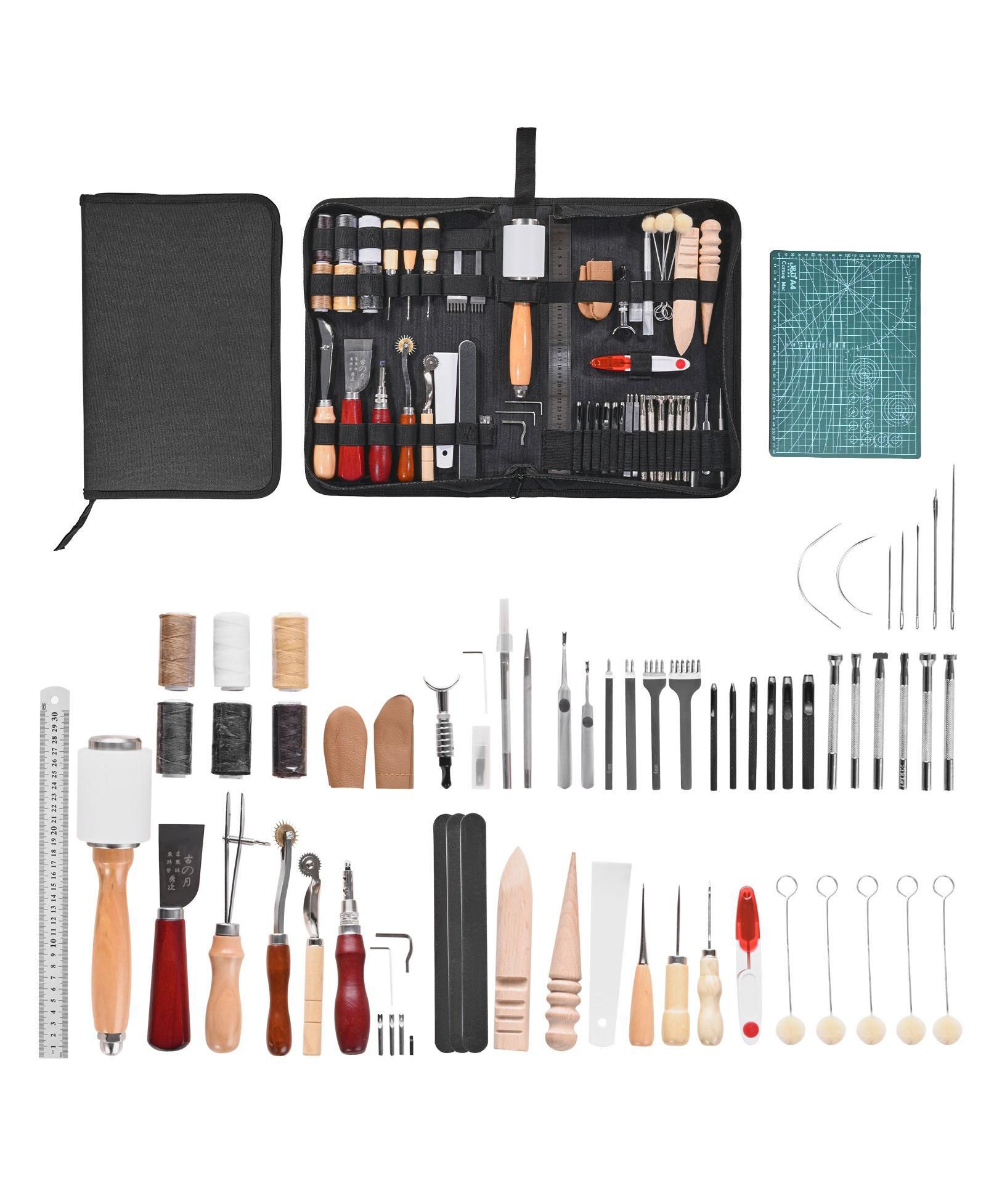 Ecooso Leather Working Tools Kit, 59-Piece Leather Craft Set w/ Canvas Storage Bag, Punching, Sewing, Stamping & Sanding