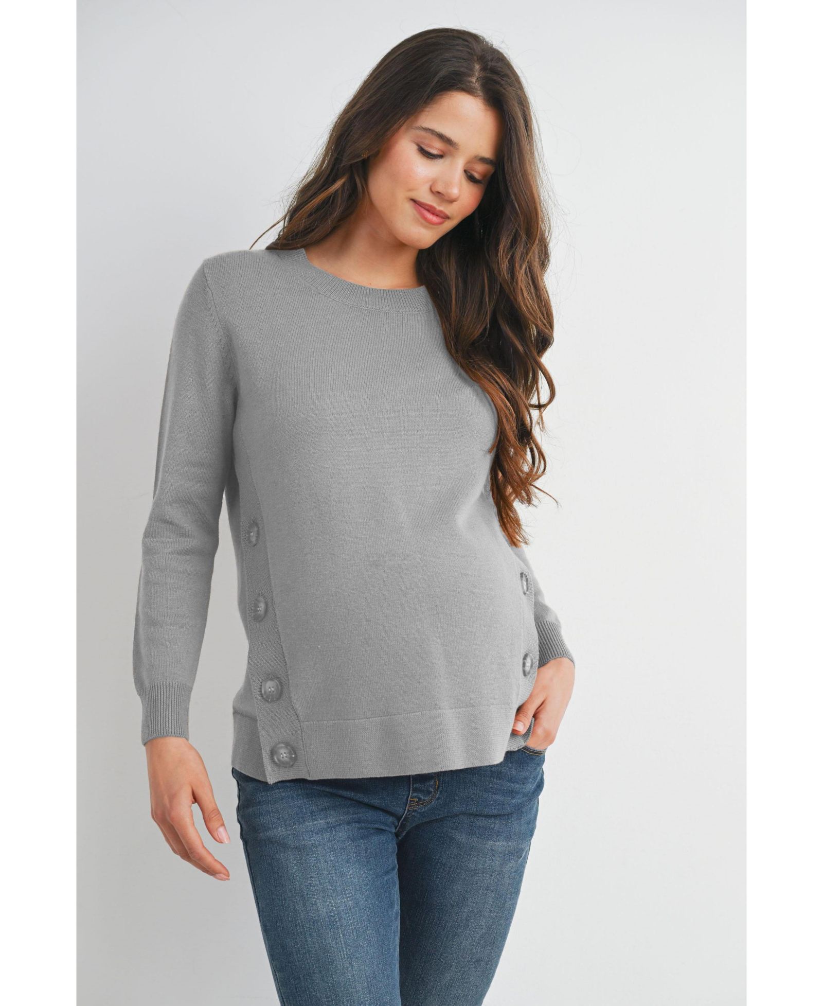 Hello Miz Maternity Crew Neck Side Button Knit Nursing Friendly Sweater