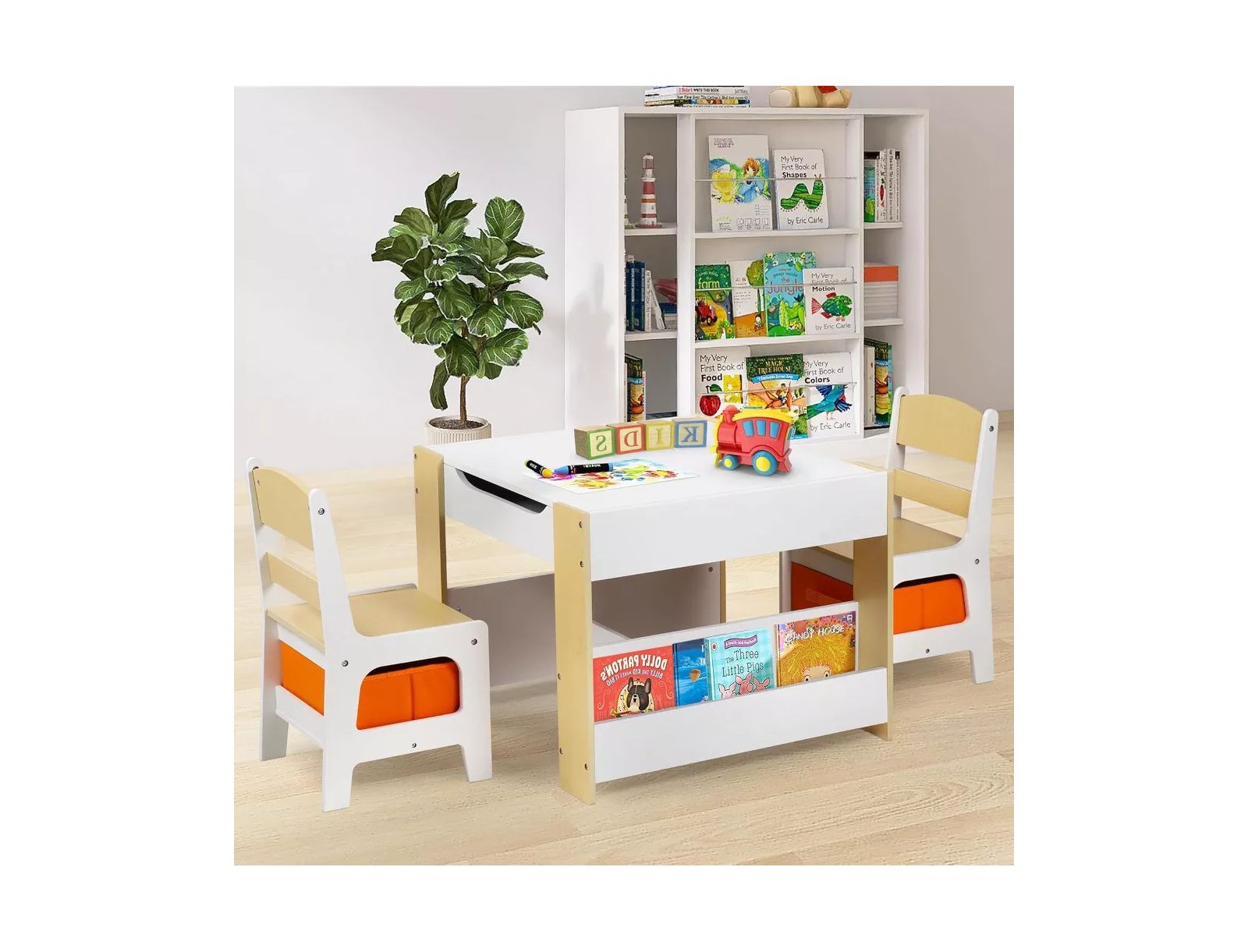 Kinder King 3-in-1 Kids Activity Table and 2 Chairs Set with Storage, Removable Top and Chalkboard