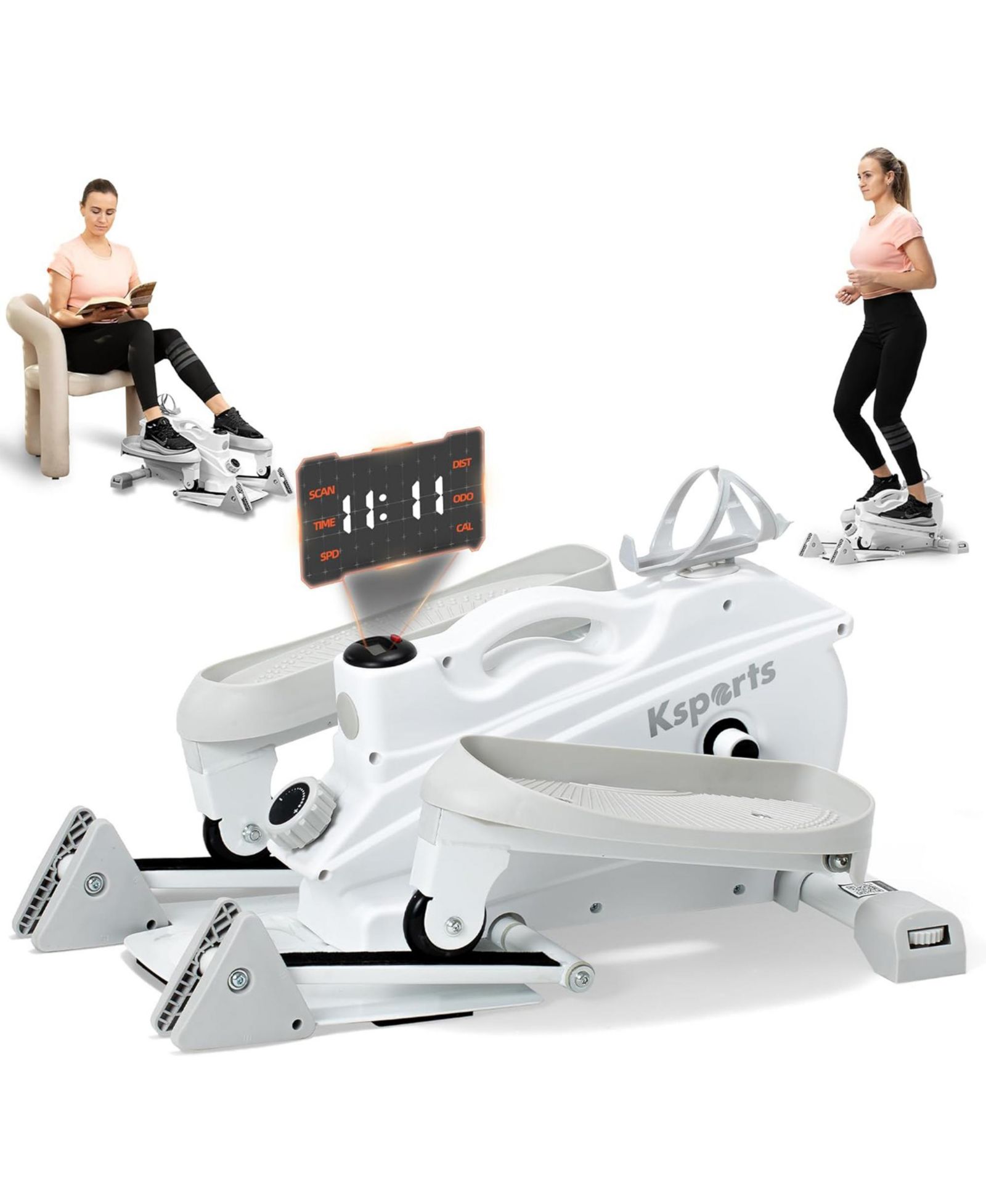 Ksports Mini Elliptical Machine with 3-Level Incline and LED Display, White