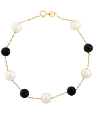 EFFY Collection Freshwater Pearl & Onyx Bracelet in 14k Yellow Gold