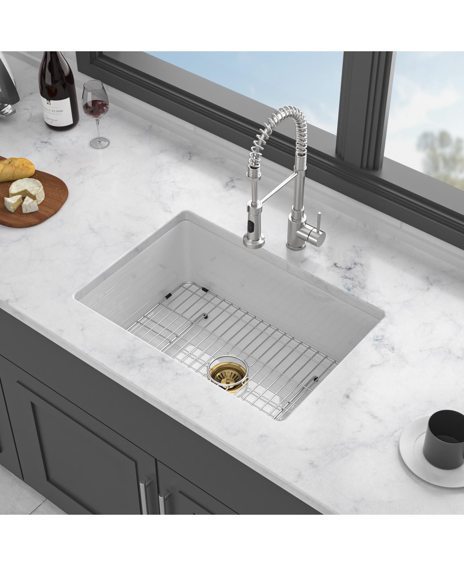 Flynama 27x19x10inch Dual Mount White Porcelain Fireclay Undermount Single Bowl Deep Rectangular Kitchen Sink