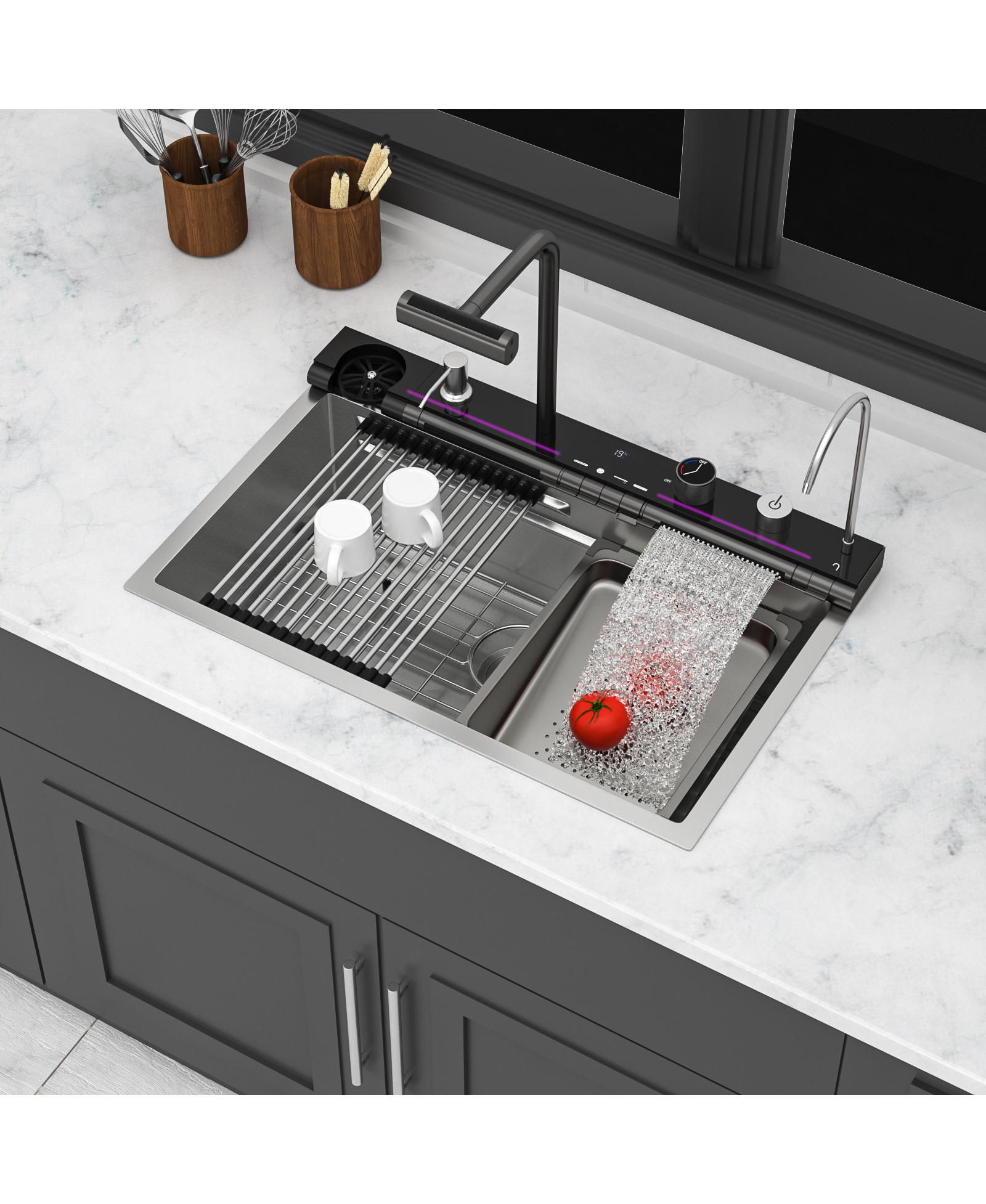 Flynama 30x19x9inch Smart Waterfall Kitchen Sink Workstation Stainless Steel 16 Gauge with Faucet