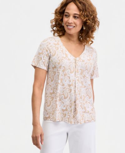 JM Collection Women's Printed Front Zipper V-Neck Top, Macy's Exclusive