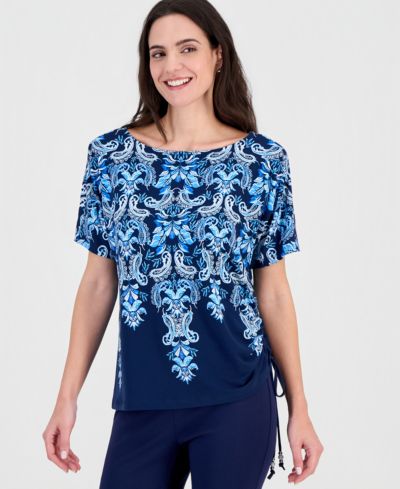 Женский топ JM Collection Printed Side Ruched Boat-Neck