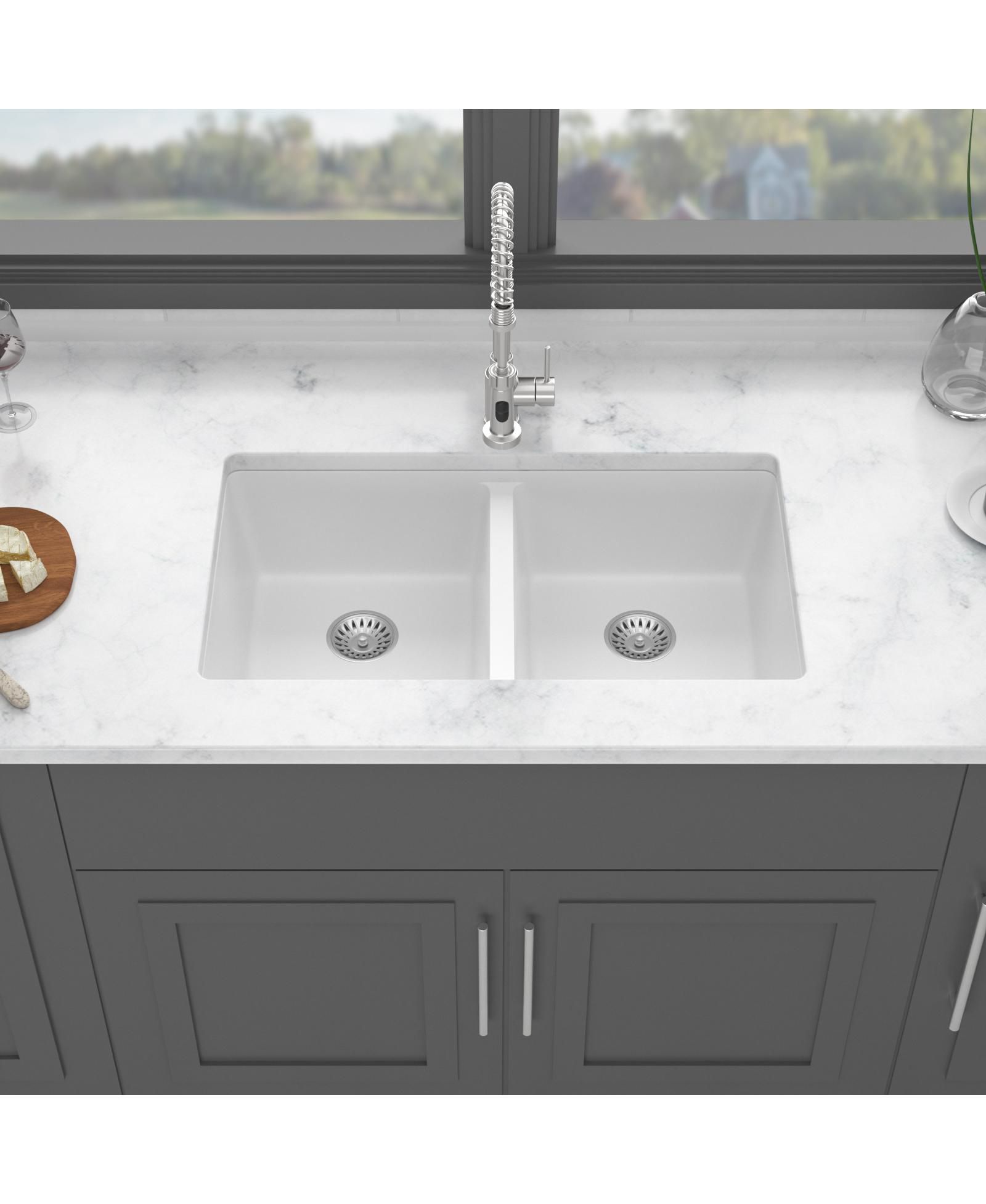 Кухонная мойка Flynama White Quartz Composite Double Bowl Undermount 33x19x10.33inch