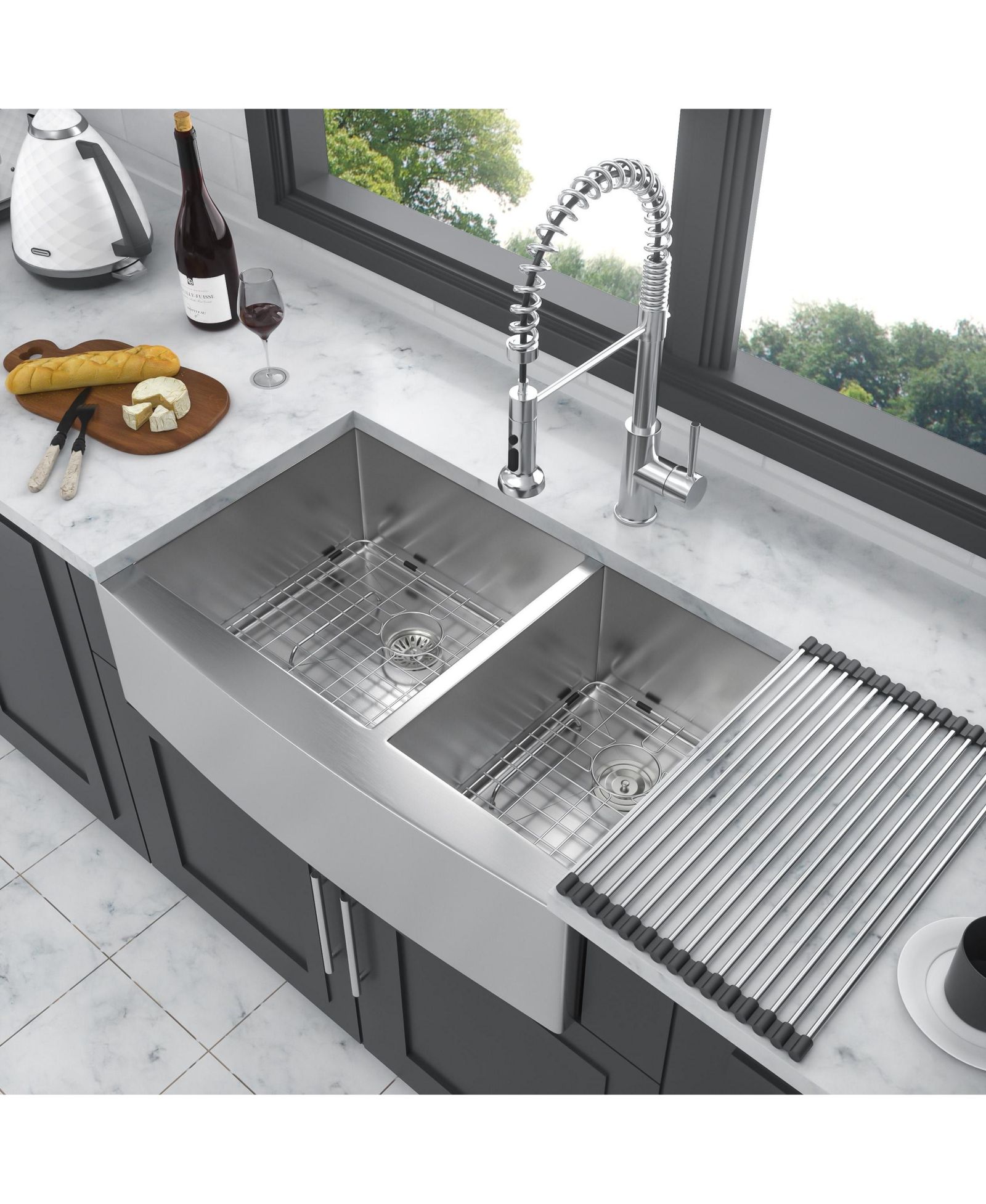 flynama двойная мойка Farmhouse 36x20x9 Inch Stainless Steel