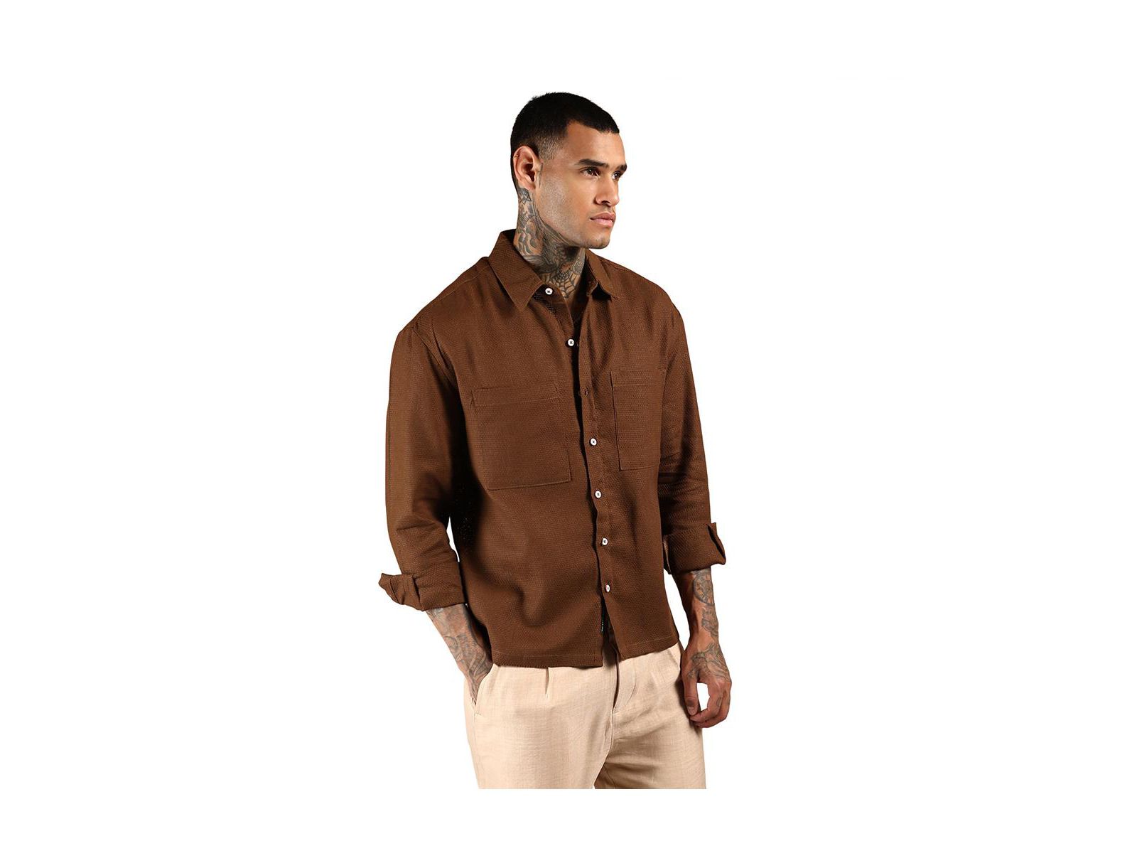 Cahoot Men's Campus Sutra Chocolate Brown Solid Canvas Utility Shirt