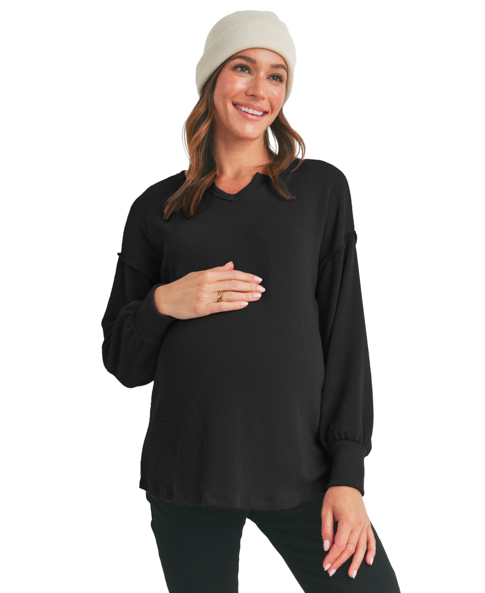 Hello Miz Women's Rib-Knit Split-Neck Top