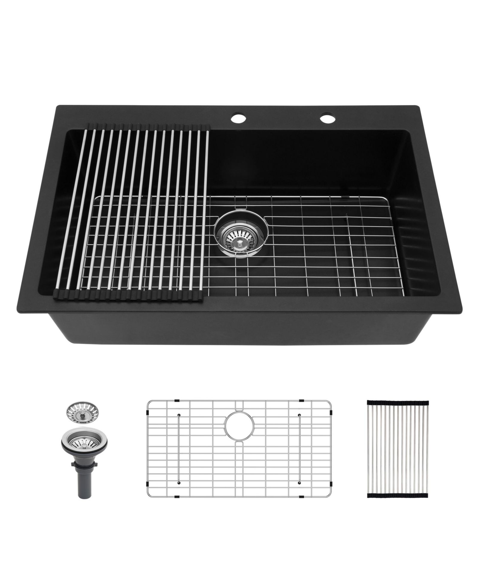 flynama Black Granite Composite Drop In Kitchen Sink with Complete Accessories