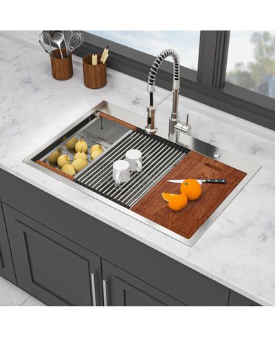 flynama 33x22x10inch 16 Gauge T304 Stainless Steel Topmount Drop In 6040 Double Bowl Brushed Nickel Kitchen Sink with Workstation Track