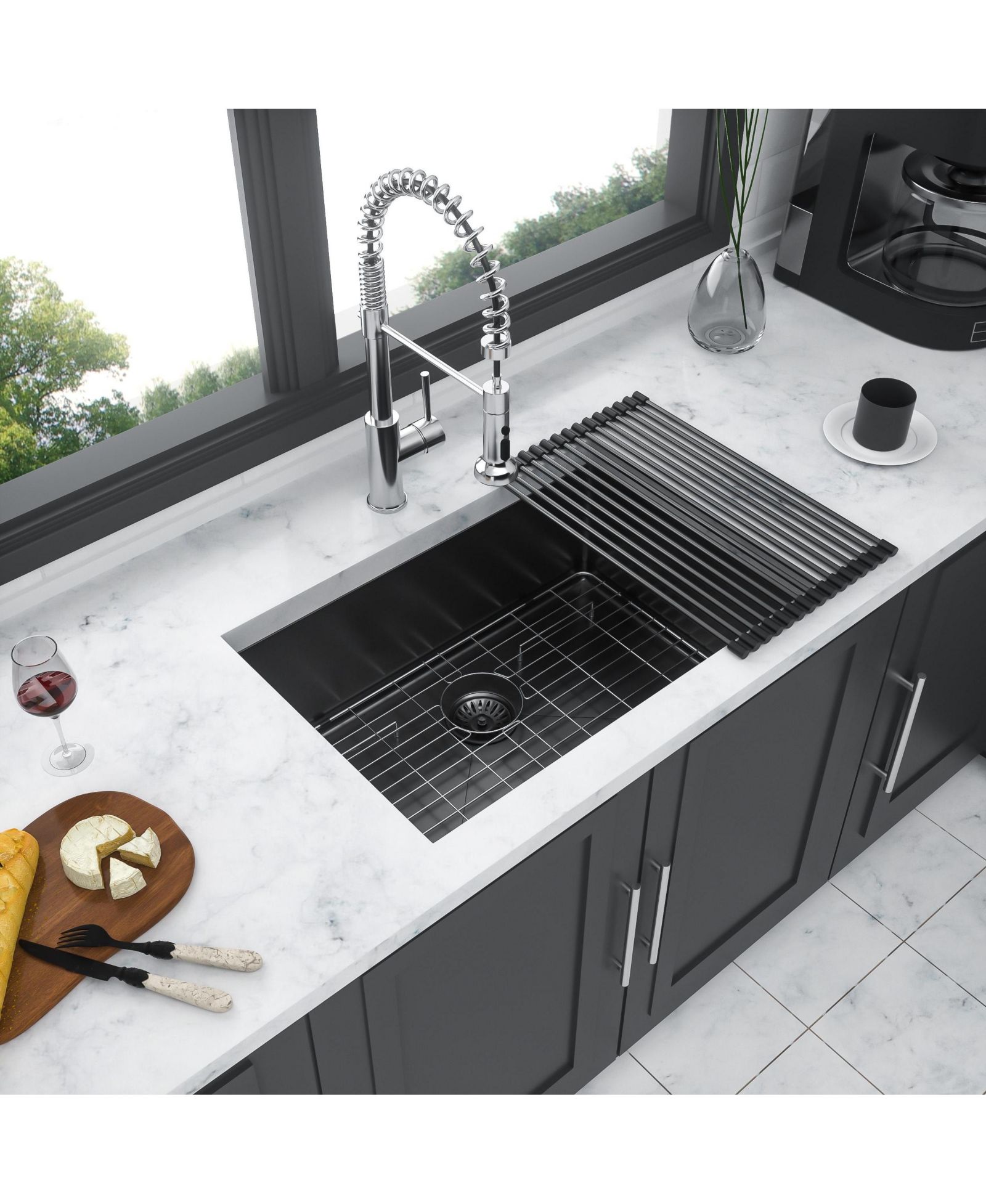 flynama 23inch Gunmetal Black Undermount Kitchen Sink 16G T304 Nano Stainless Steel Single Bowl 23x18x10inch 10inch Deep Sink with Full Accessories