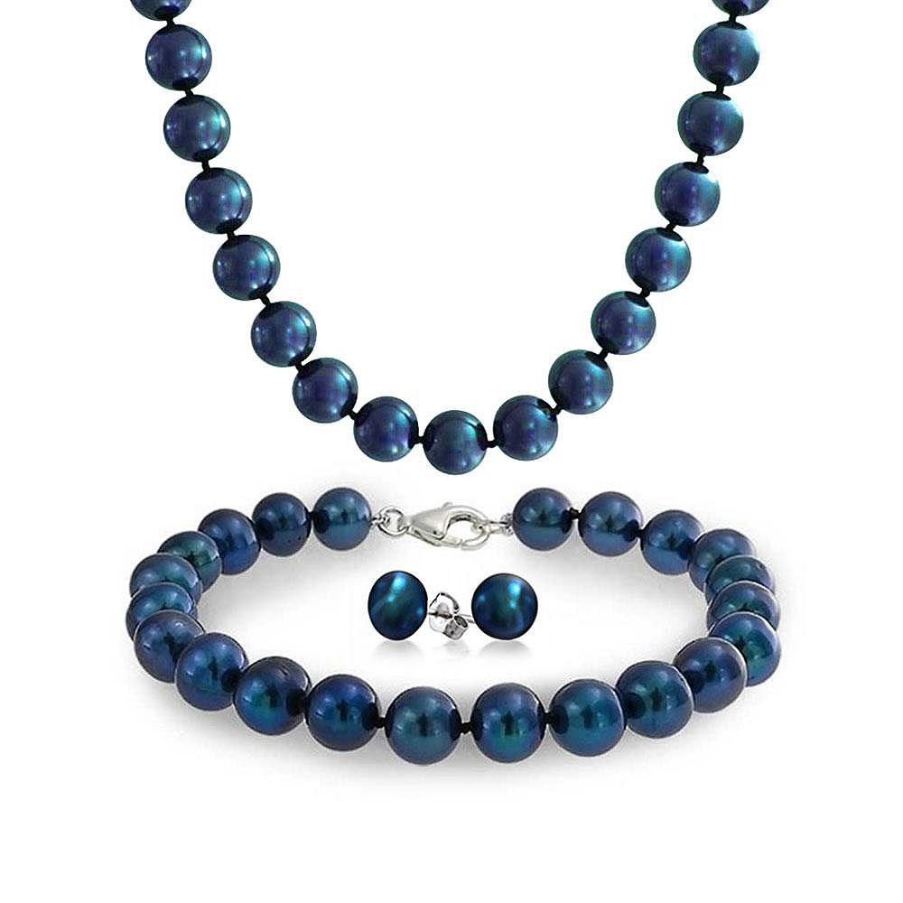 Bling Jewelry Peacock Blue Black Freshwater Cultured Pearl Jewelry Set Necklace Bracelet Earrings