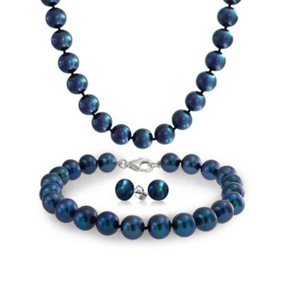 Bling Jewelry Peacock Blue Black Freshwater Cultured Pearl Jewelry Set Necklace Bracelet Earrings